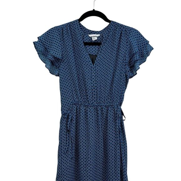 H&M Womens Dress Fit & Flare V Neck Ruffled Sleeves Tie Elastic‎ Waist Blue Sz 4 - Picture 2 of 5